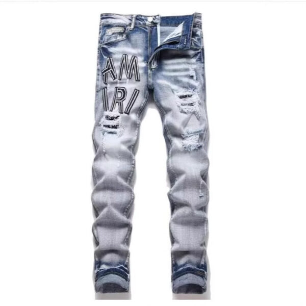 Punk Retro Blue Ripped Slim Elastic Printing Printing And Dyeing Feet Men's Jeans - Image 8