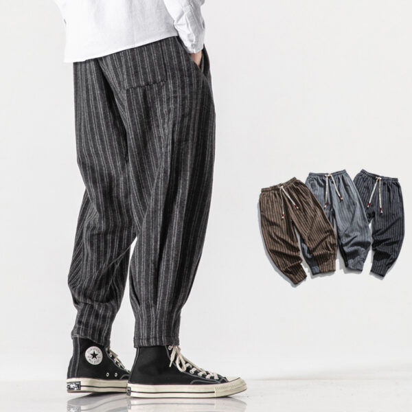 Striped Wool And Fleece Thickened Loose Chinese Style Overalls - Image 4
