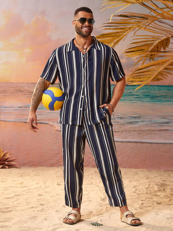 Casual Fashion Striped Short Sleeve Shirt Trousers Suit - Image 8