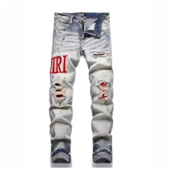 Punk Retro Blue Ripped Slim Elastic Printing Printing And Dyeing Feet Men's Jeans - Image 3