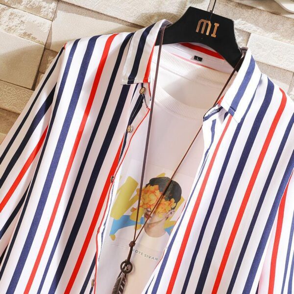 Long Sleeve Plus Size Korean Style Vertical Striped Shirt - Image 2