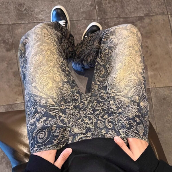 American-style Retro Blue Jacquard Jeans - Image 2