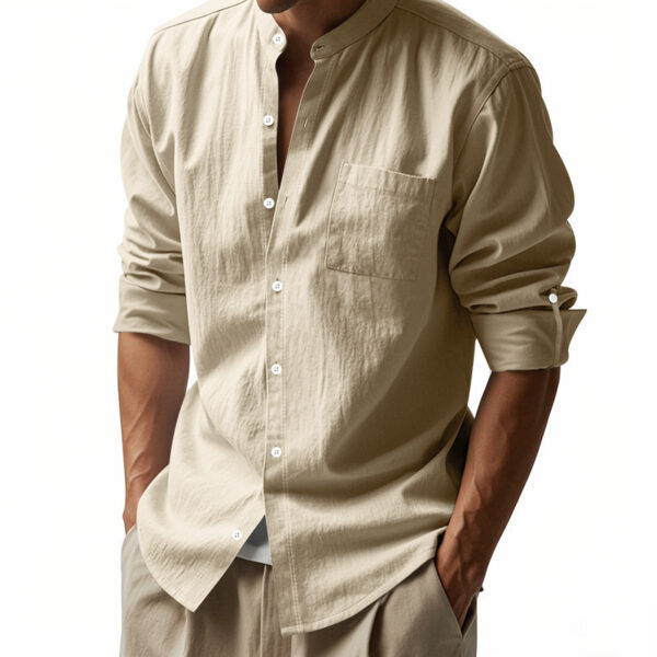 Long Sleeve Stand Collar Casual Men's Pocket Shirt - Image 8