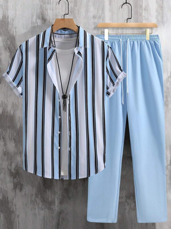 Casual Fashion Striped Short Sleeve Shirt Trousers Suit - Image 9