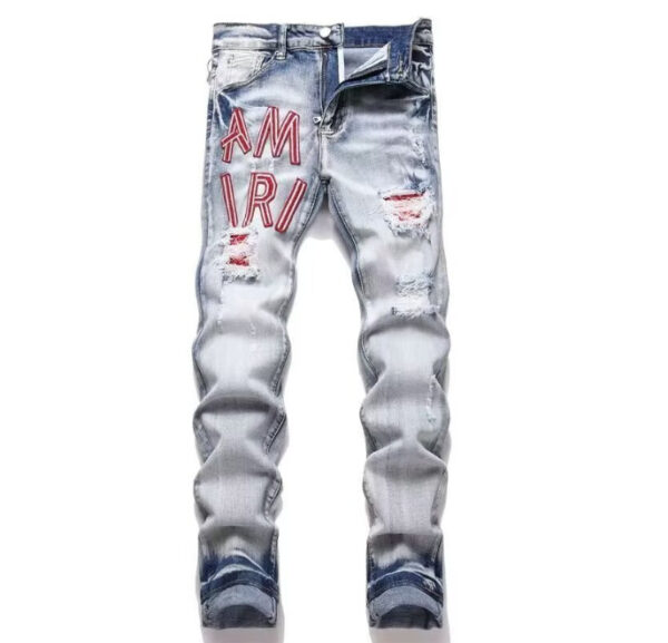 Punk Retro Blue Ripped Slim Elastic Printing Printing And Dyeing Feet Men's Jeans - Image 5