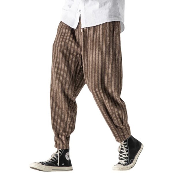 Striped Wool And Fleece Thickened Loose Chinese Style Overalls - Image 6