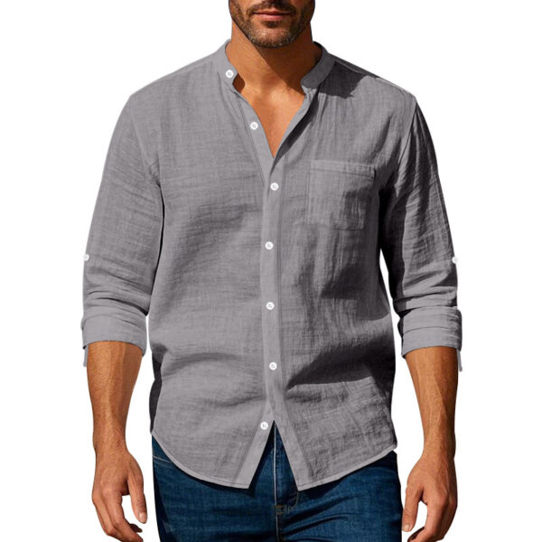 Long Sleeve Stand Collar Casual Men's Pocket Shirt - Image 7