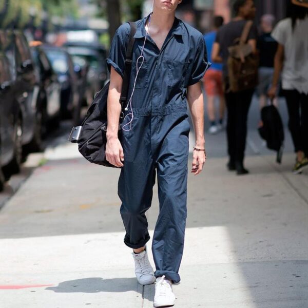 Zipper Overalls Lapel European And American Solid Color Jumpsuit - Image 4