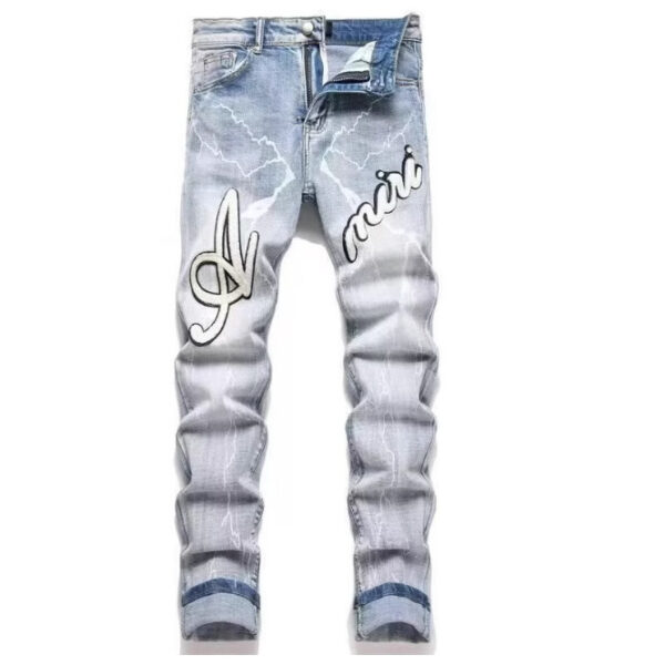 Punk Retro Blue Ripped Slim Elastic Printing Printing And Dyeing Feet Men's Jeans - Image 6