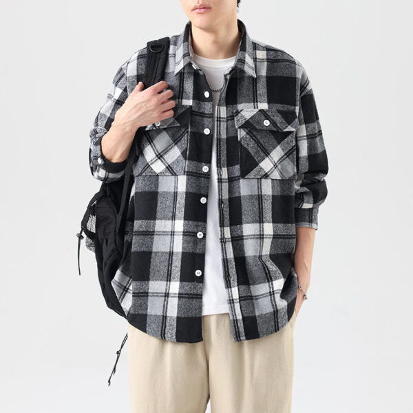 Brushed Plaid Long Sleeve Shirt Men - Image 2