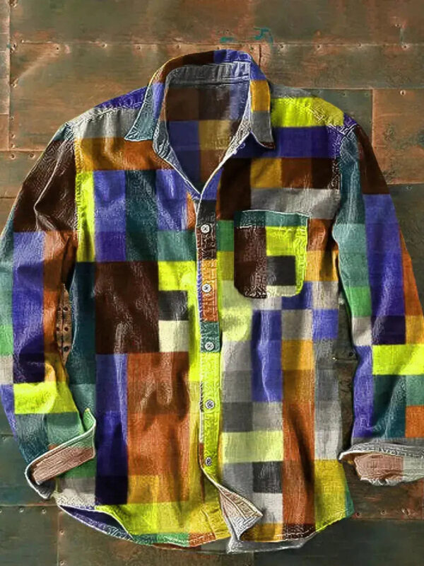 Retro Color Matching 3D Printed Men's Long Sleeve Button Shirt - Image 8
