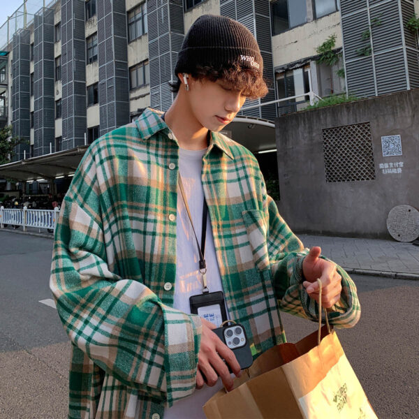 Early Autumn Long Sleeves Woolen Plaid Shirt For Men - Image 5