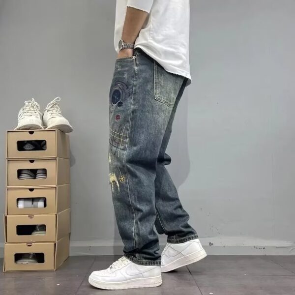 American Style Loose Straight Ripped Spring And Autumn Patch Jeans - Image 4