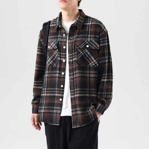 Brushed Plaid Long Sleeve Shirt Men - Image 3