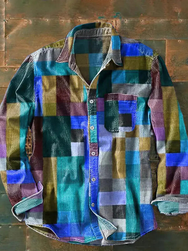Retro Color Matching 3D Printed Men's Long Sleeve Button Shirt - Image 7