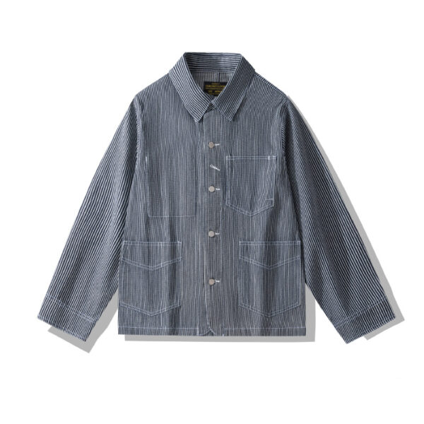 Striped Denim Multi-pocket Motorcycle Jacket - Image 2
