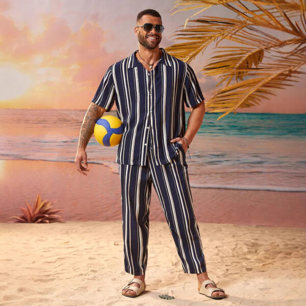 Casual Fashion Striped Short Sleeve Shirt Trousers Suit - Image 4