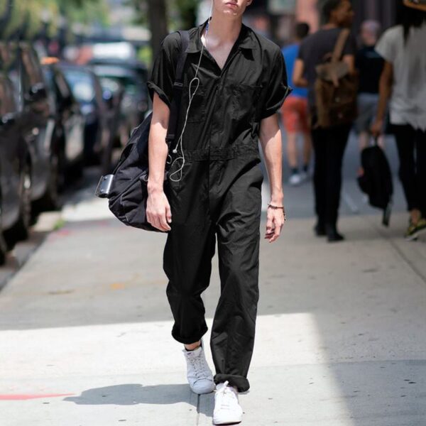 Zipper Overalls Lapel European And American Solid Color Jumpsuit - Image 5