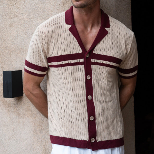 Men's Lapel Short Sleeve Color Matching Casual Shirt - Image 2