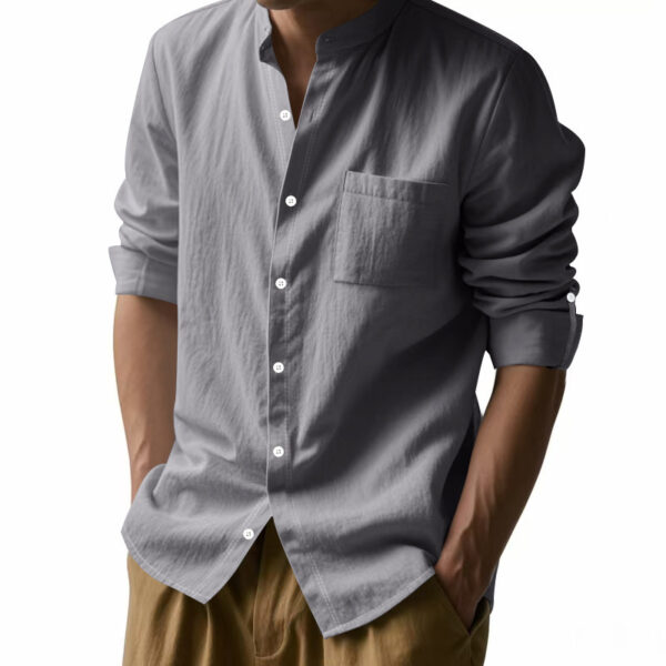 Long Sleeve Stand Collar Casual Men's Pocket Shirt - Image 9