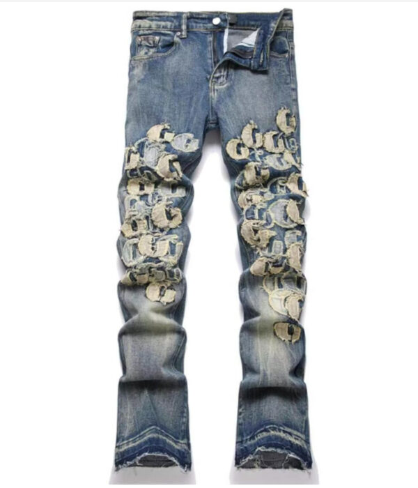 Punk Retro Blue Ripped Slim Elastic Printing Printing And Dyeing Feet Men's Jeans - Image 2